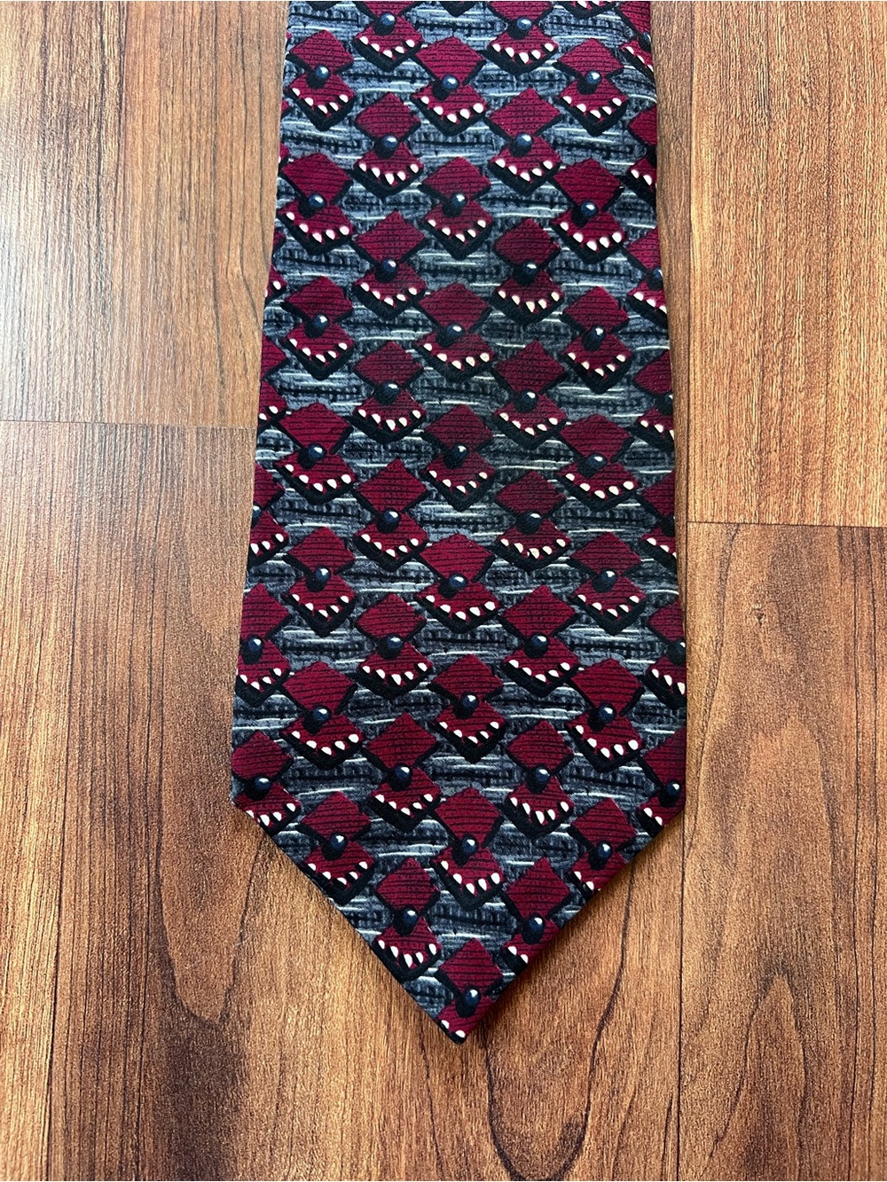 Vintage Evan-Picone Silk Tie Burgundy Gray Black Geometric Made USA